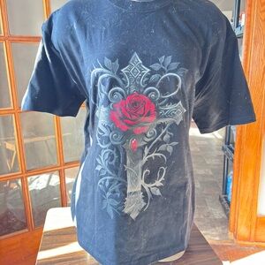 U.S. Polo Assn. Black Tee with Red Rose and Cross Design